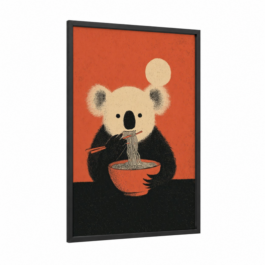 Noodle Koala framed art print — black wood frame — pumpkin and cream palette