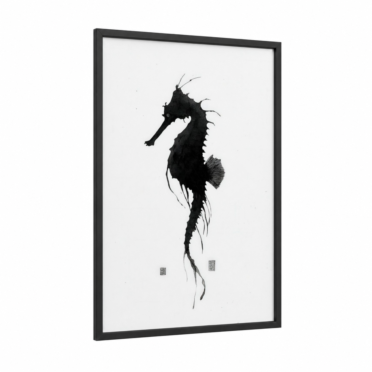 Midnight Seahorse framed sea horse print — black wood frame — black and white palette