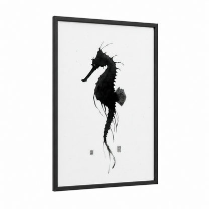 Midnight Seahorse framed sea horse print — black wood frame — black and white palette