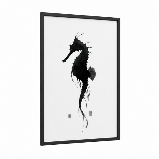 Midnight Seahorse framed sea horse print — black wood frame — black and white palette