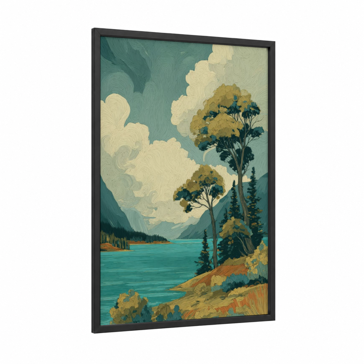 Alpine Lake Summer framed art print — black wood frame — teal and gold palette
