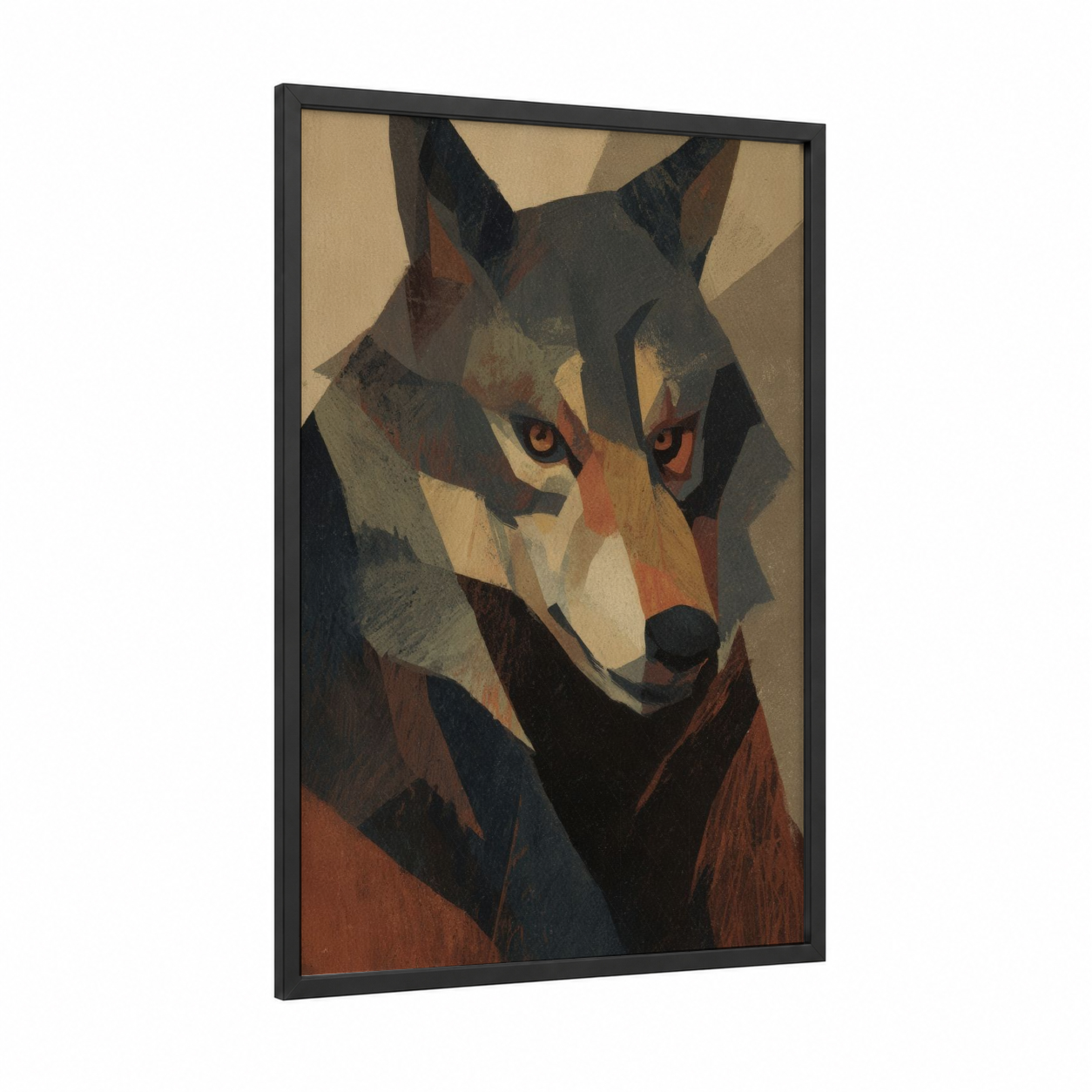 Amber-Eyed Werewolf framed art print — black wood frame — brown and gold palette
