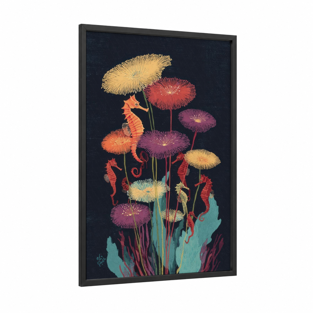 Seahorse Garden framed sea anemone print — black wood frame — gold and dark blue palette