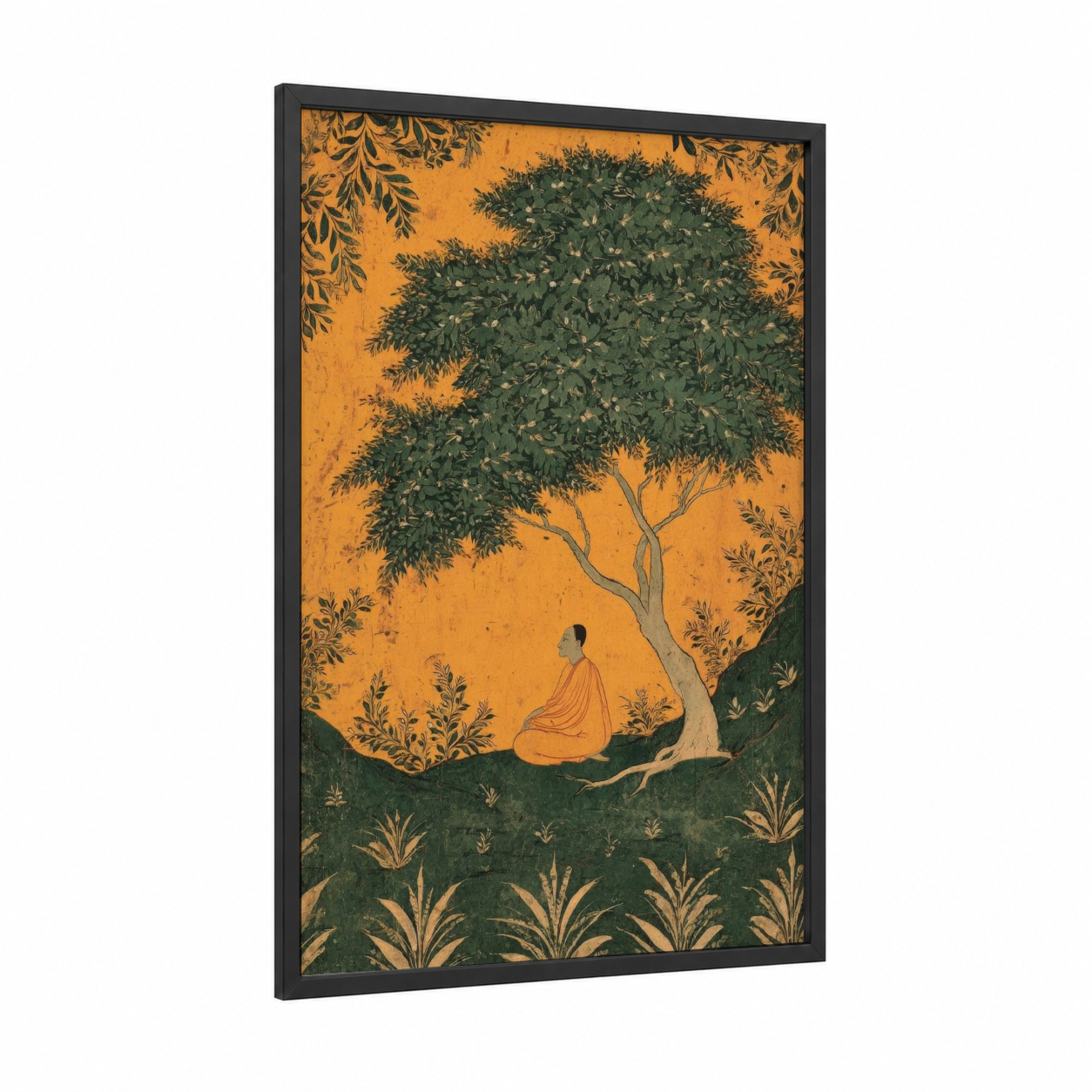 Meditative Garden Yoga framed art print — black wood frame — gold and true green palette