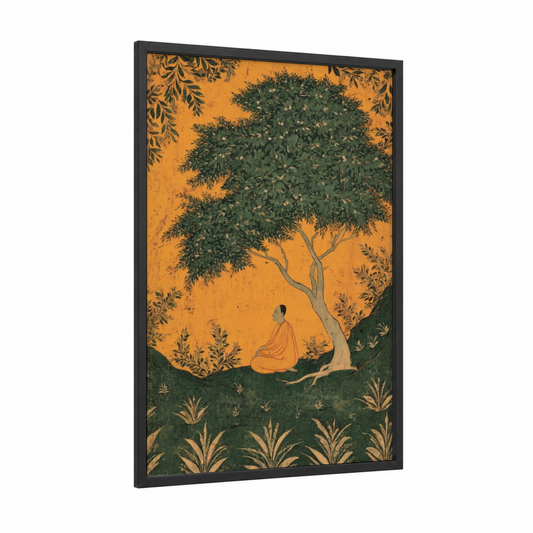Meditative Garden Yoga framed art print — black wood frame — gold and true green palette