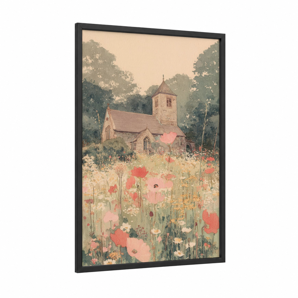 Wildflower Chapel framed churches and chapels print — black wood frame — cream and sage green palette