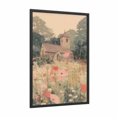 Wildflower Chapel framed churches and chapels print — black wood frame — cream and sage green palette