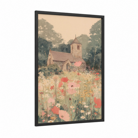 Wildflower Chapel framed churches and chapels print — black wood frame — cream and sage green palette