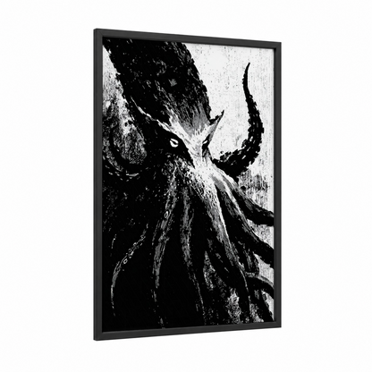 Eldritch Horror framed cthulhu print — black wood frame — black and white palette
