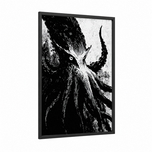 Eldritch Horror framed cthulhu print — black wood frame — black and white palette