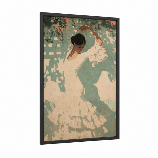 Graceful Flamenco framed art print — black wood frame — sage green and cream palette