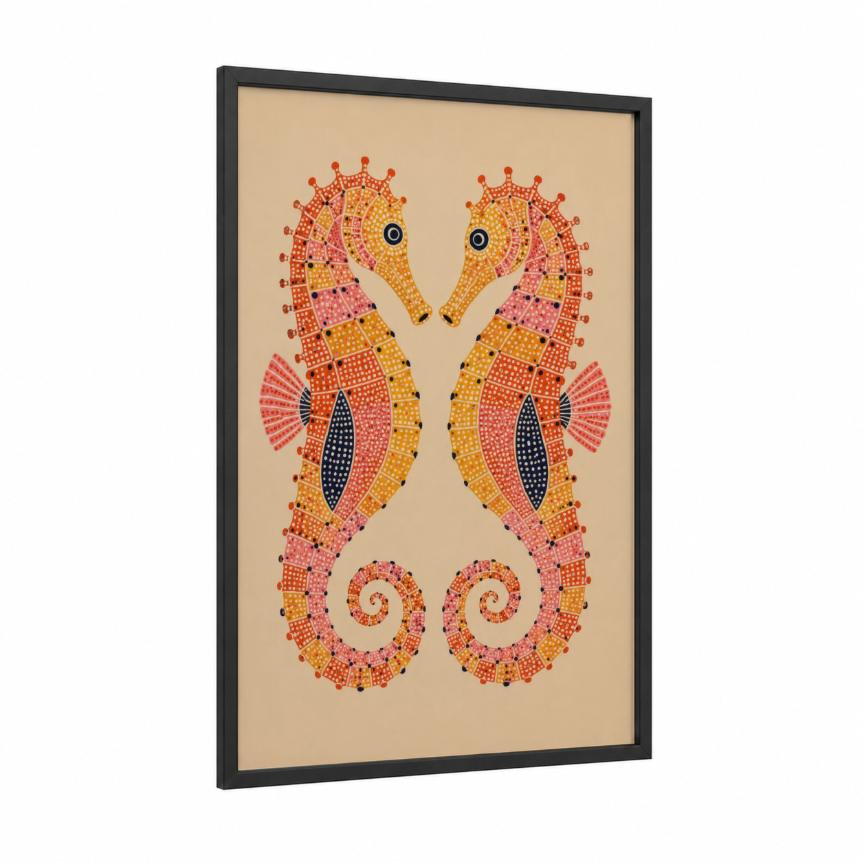 Geometric Seahorse Mosaic Wall Art framed sea horse print — black wood frame — orange and pink palette