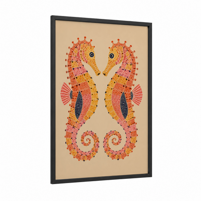 Geometric Seahorse Mosaic Wall Art framed sea horse print — black wood frame — orange and pink palette