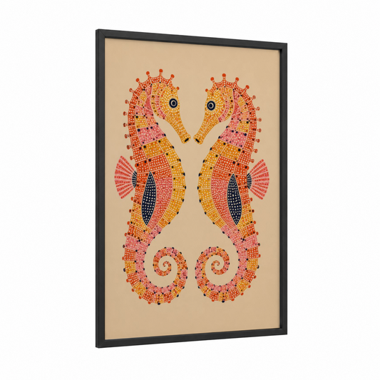 Geometric Seahorse Mosaic Wall Art framed sea horse print — black wood frame — orange and pink palette