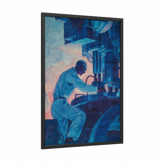Industrial Worker framed labor day print — black wood frame — blue and peach palette