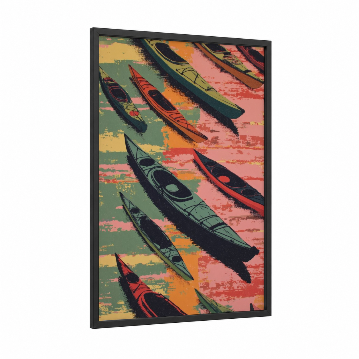 Colorful Kayak Fleet framed kayaks and canoes print — black wood frame — orange and teal palette