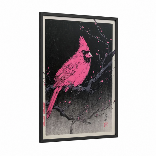 Magenta Cardinal framed art print — black wood frame — magenta and black palette