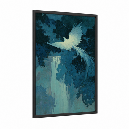 Ascending Phoenix framed art print — black wood frame — teal and black palette