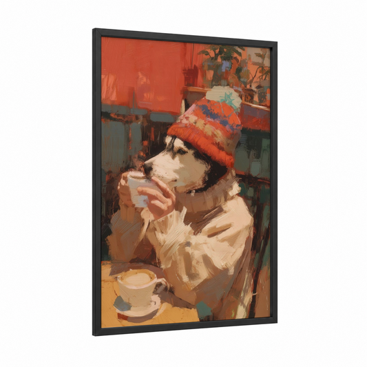 Cozy Husky framed art print — black wood frame — orange and cream palette