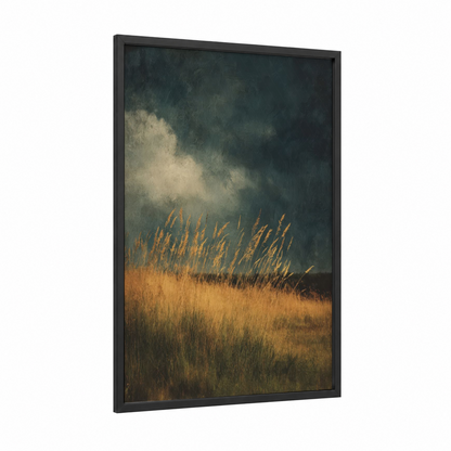 Golden Grass Storm framed art print — black wood frame — gold and dark green palette