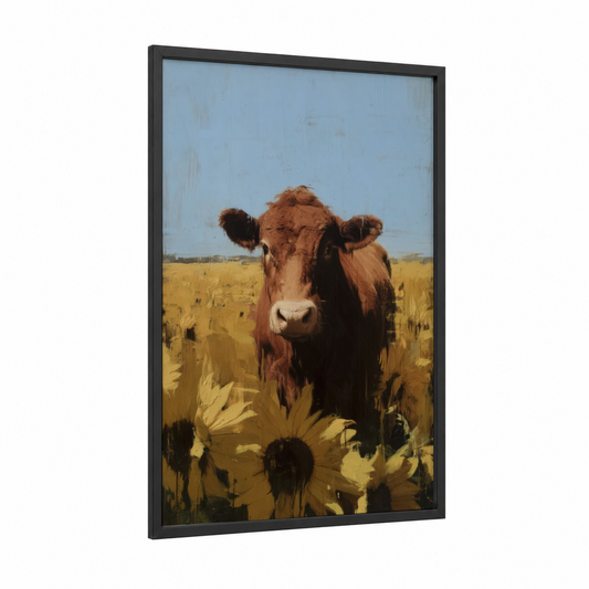 Sunflower Angus framed angus cow print — black wood frame — gold and blue and white palette