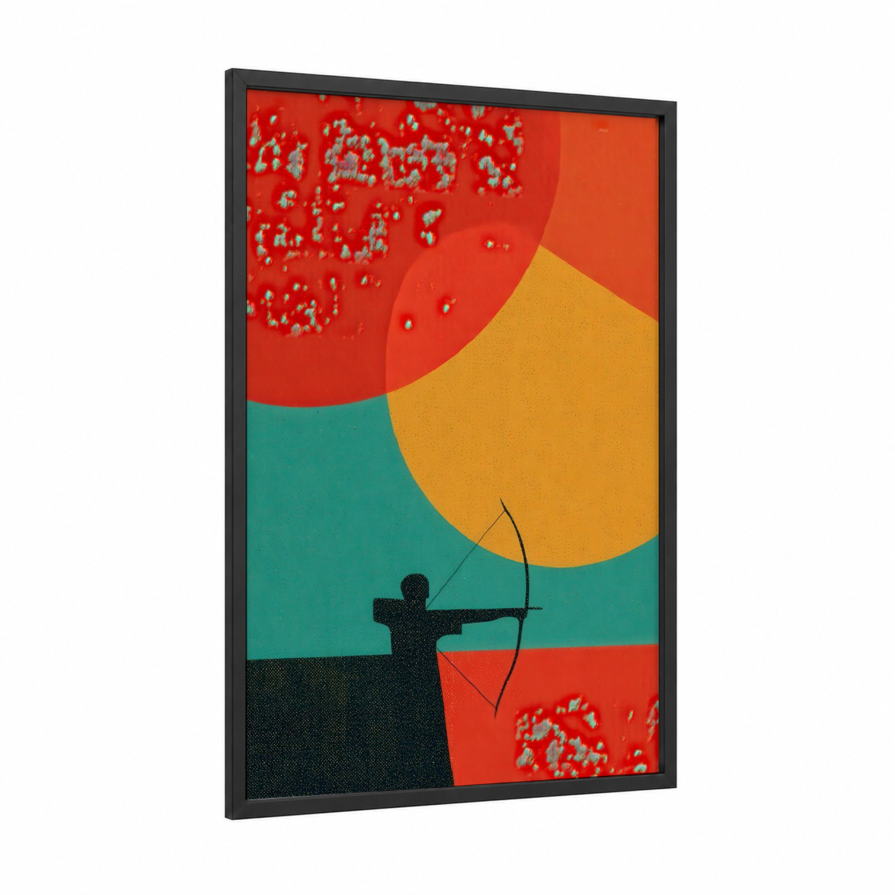 Sunset Archer framed archery print — black wood frame — red and gold palette