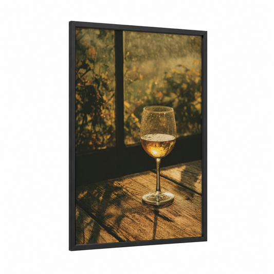 Golden Hour Wine framed white wine print — black wood frame — gold and brown palette
