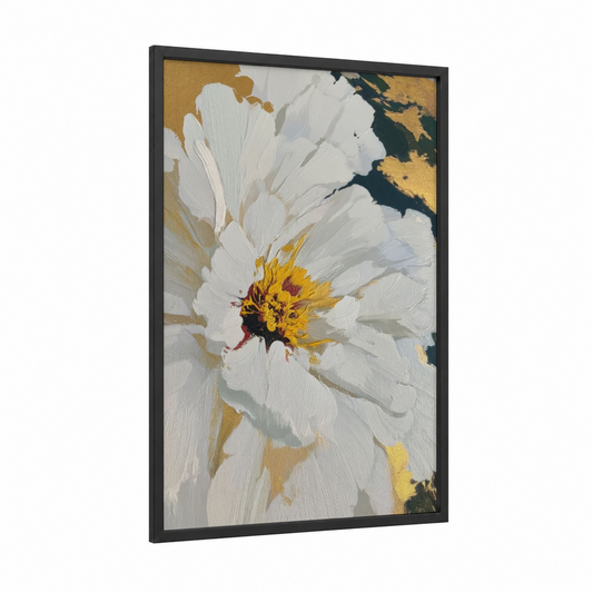 Ivory Peony Blossom framed abstract flower print — black wood frame — white and gold palette