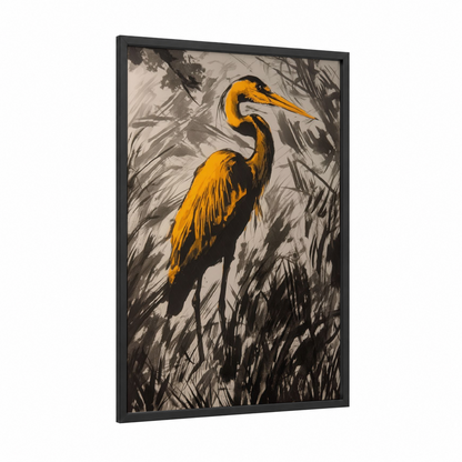 Golden Heron framed art print — black wood frame — gold and gray palette