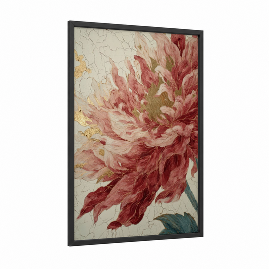 Crimson Dahlia framed art print — black wood frame — rose gold and cream palette