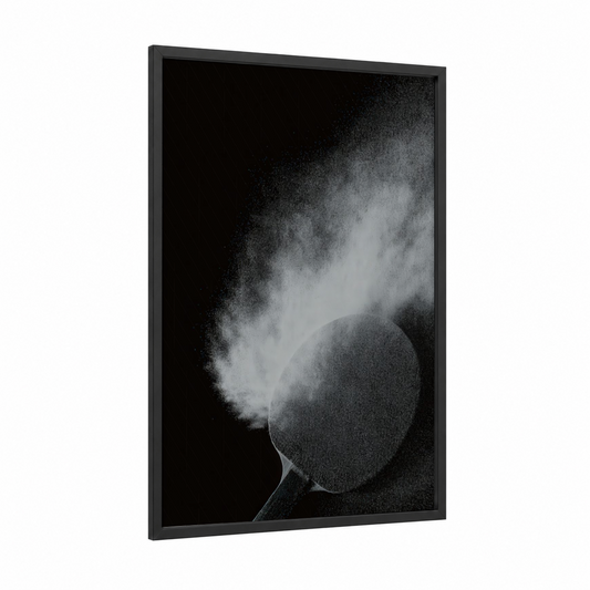Paddle Impact framed table tennis print — black wood frame — black and white and gray palette