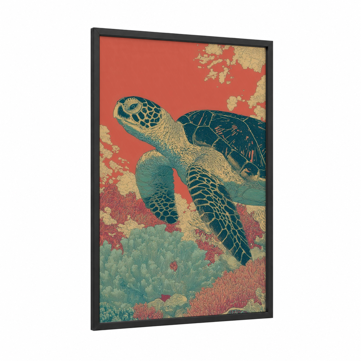 Coral Reef Turtle framed art print — black wood frame — teal and gold palette