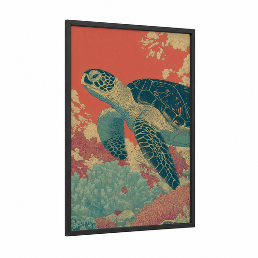 Coral Reef Turtle framed art print — black wood frame — teal and gold palette
