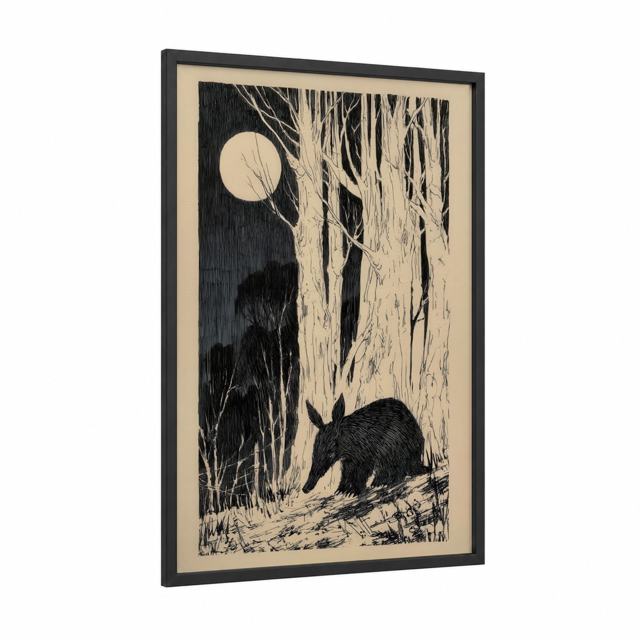 Moonlit Aardvark framed art print — black wood frame — black and white and cream palette