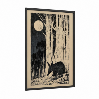 Moonlit Aardvark framed art print — black wood frame — black and white and cream palette