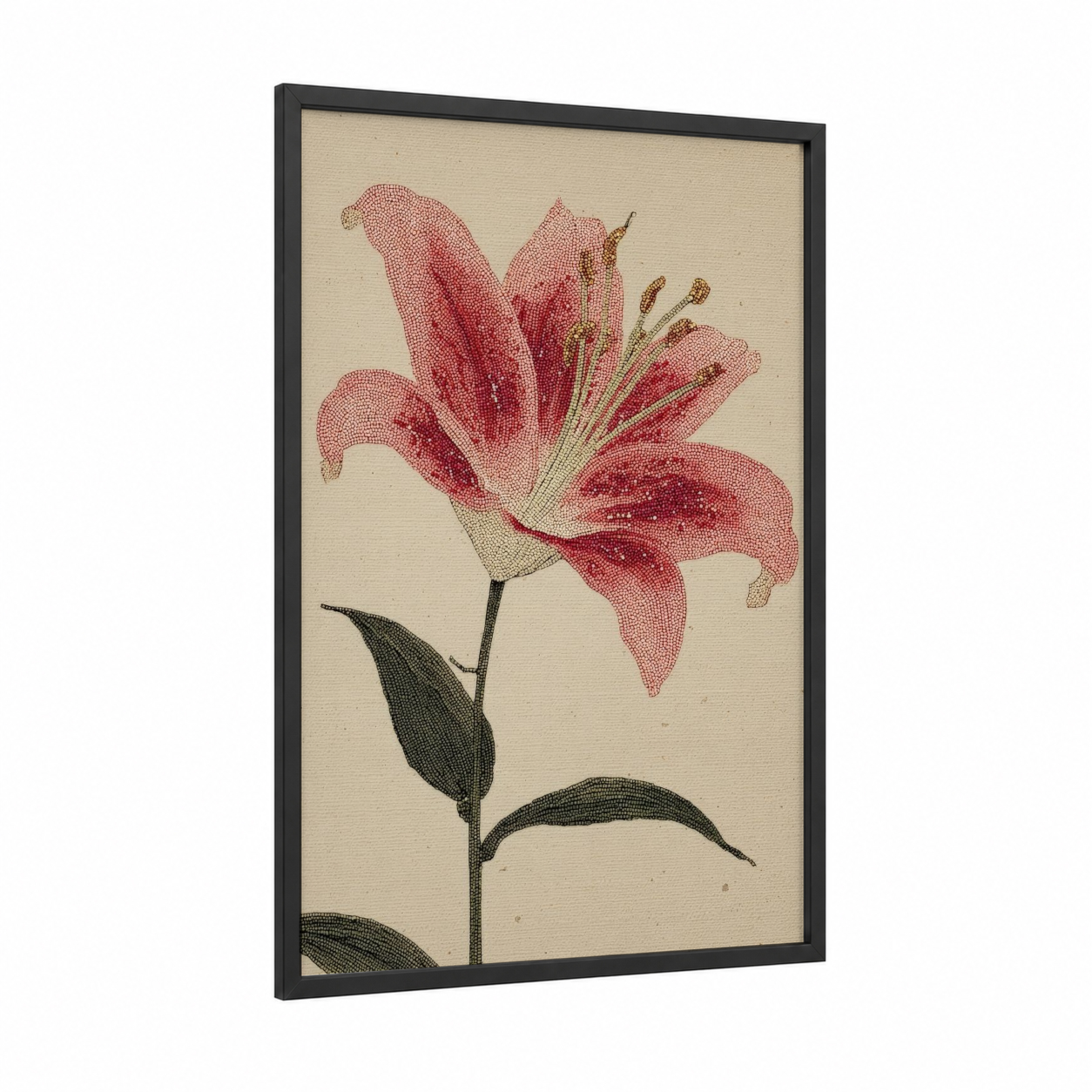 Crimson Lily Beadwork framed art print — black wood frame — russet and dark green palette