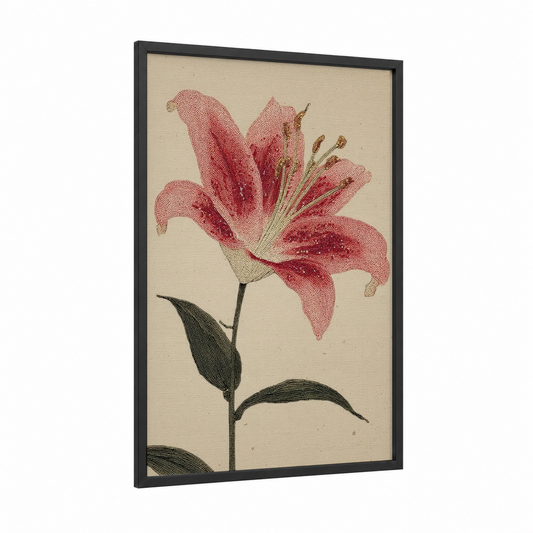 Crimson Lily Beadwork framed art print — black wood frame — russet and dark green palette
