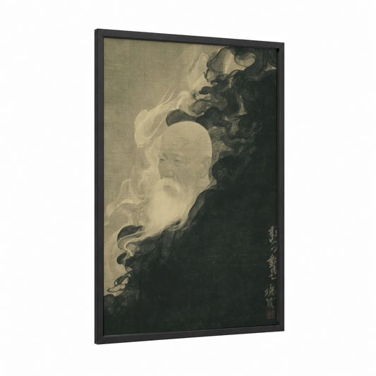 Wise Aikido Master framed art print — black wood frame — black and white and nobel palette