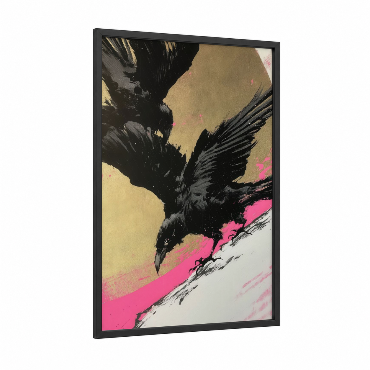 Neon Raven framed crows and ravens print — black wood frame — black and magenta palette