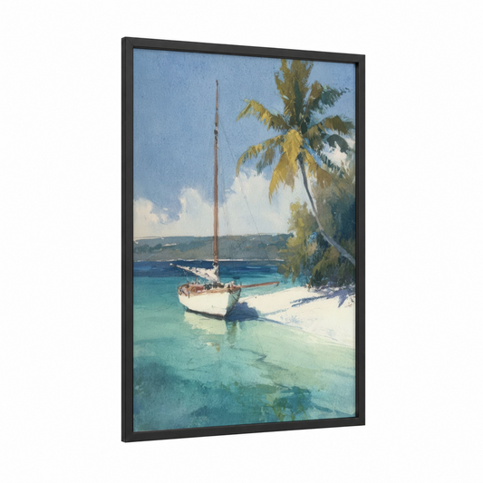 Tropical Sailing Boat framed sailing ship print — black wood frame — turquoise and gold palette