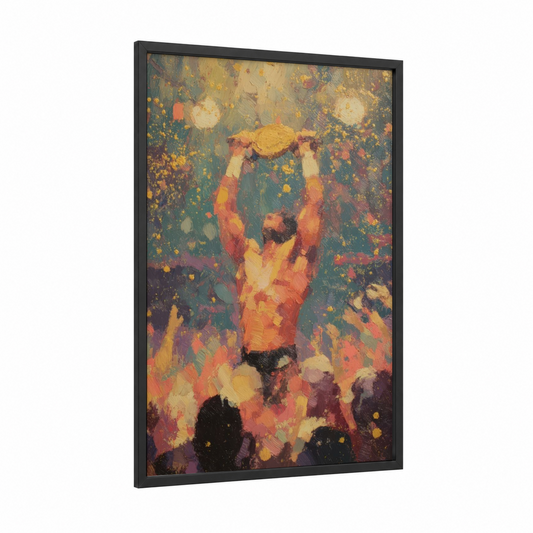 Victory Athlete framed wrestling print — black wood frame — yellow gold and red palette