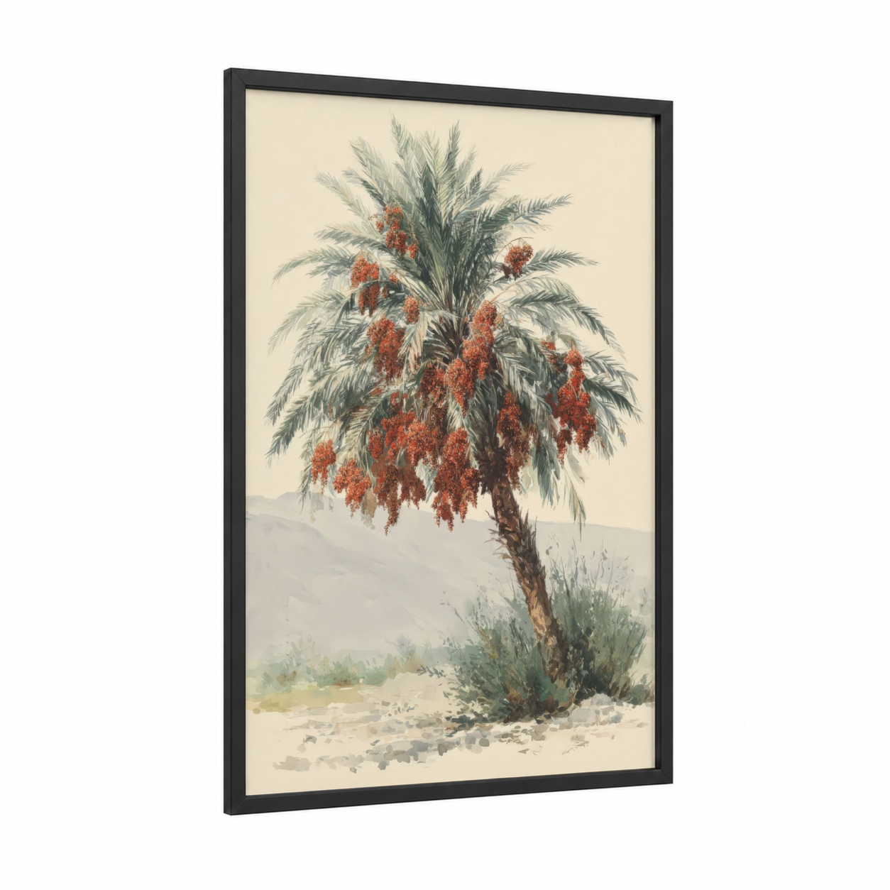 Date Palm Harvest framed fruit trees print — black wood frame — russet and cream palette