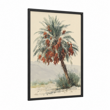 Date Palm Harvest framed fruit trees print — black wood frame — russet and cream palette