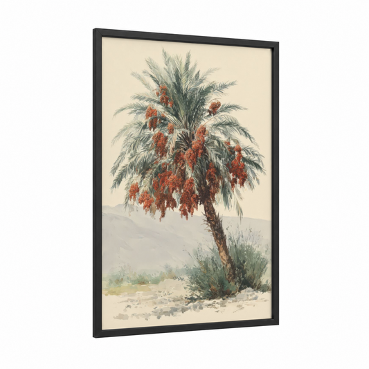 Date Palm Harvest framed fruit trees print — black wood frame — russet and cream palette