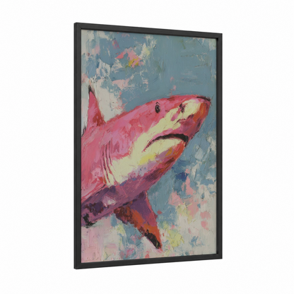 Pink Lemon Shark framed art print — black wood frame — magenta and blue and gray palette