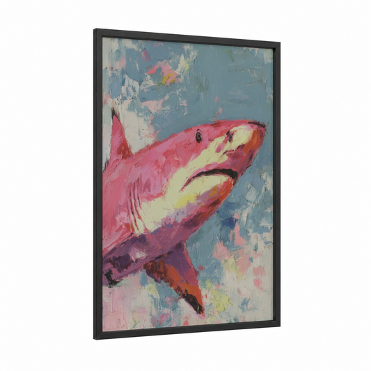 Pink Lemon Shark framed art print — black wood frame — magenta and blue and gray palette