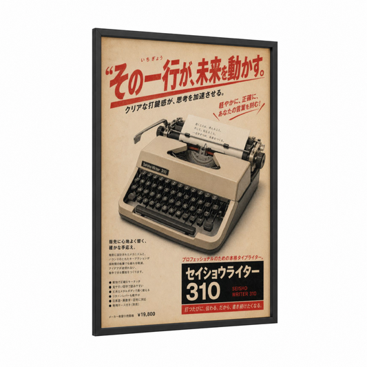 Vintage Japanese Typewriter Wall Art framed reading print — black wood frame — beige and red palette