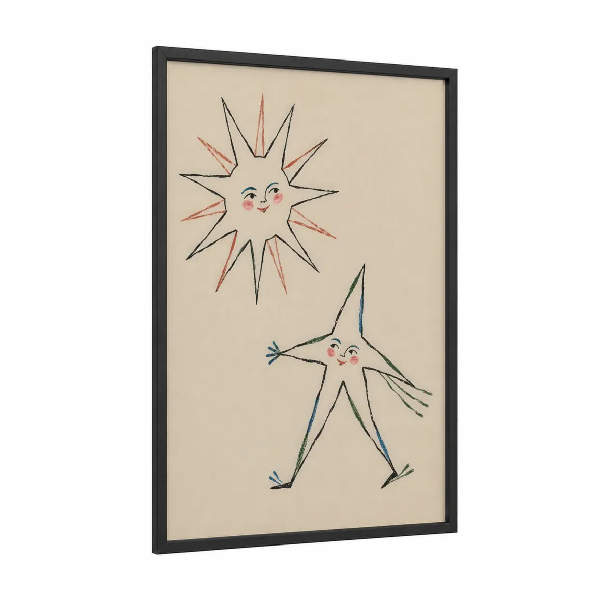 Smiling Sun and Star Wall Art framed art print — black wood frame — beige and cream palette