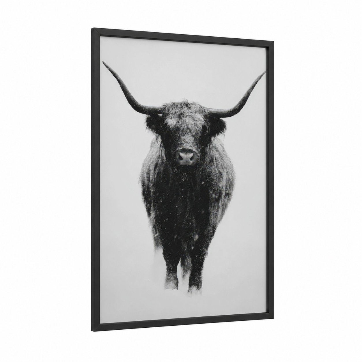 Snowy Highland framed highland cow print — black wood frame — black and white palette