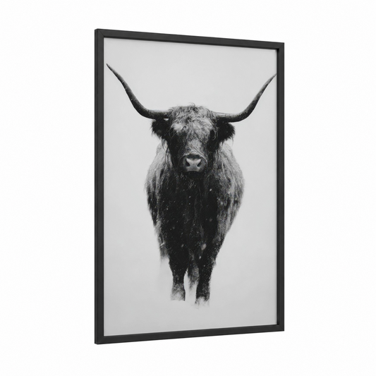 Snowy Highland framed highland cow print — black wood frame — black and white palette